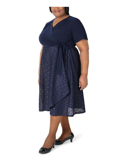 SIGNATURE BY ROBBIE BEE Womens Navy Stretch Lace Tie Jersey-knit Ruched Short Sleeve Surplice Neckline Midi Evening Wrap Dress Plus 2X
