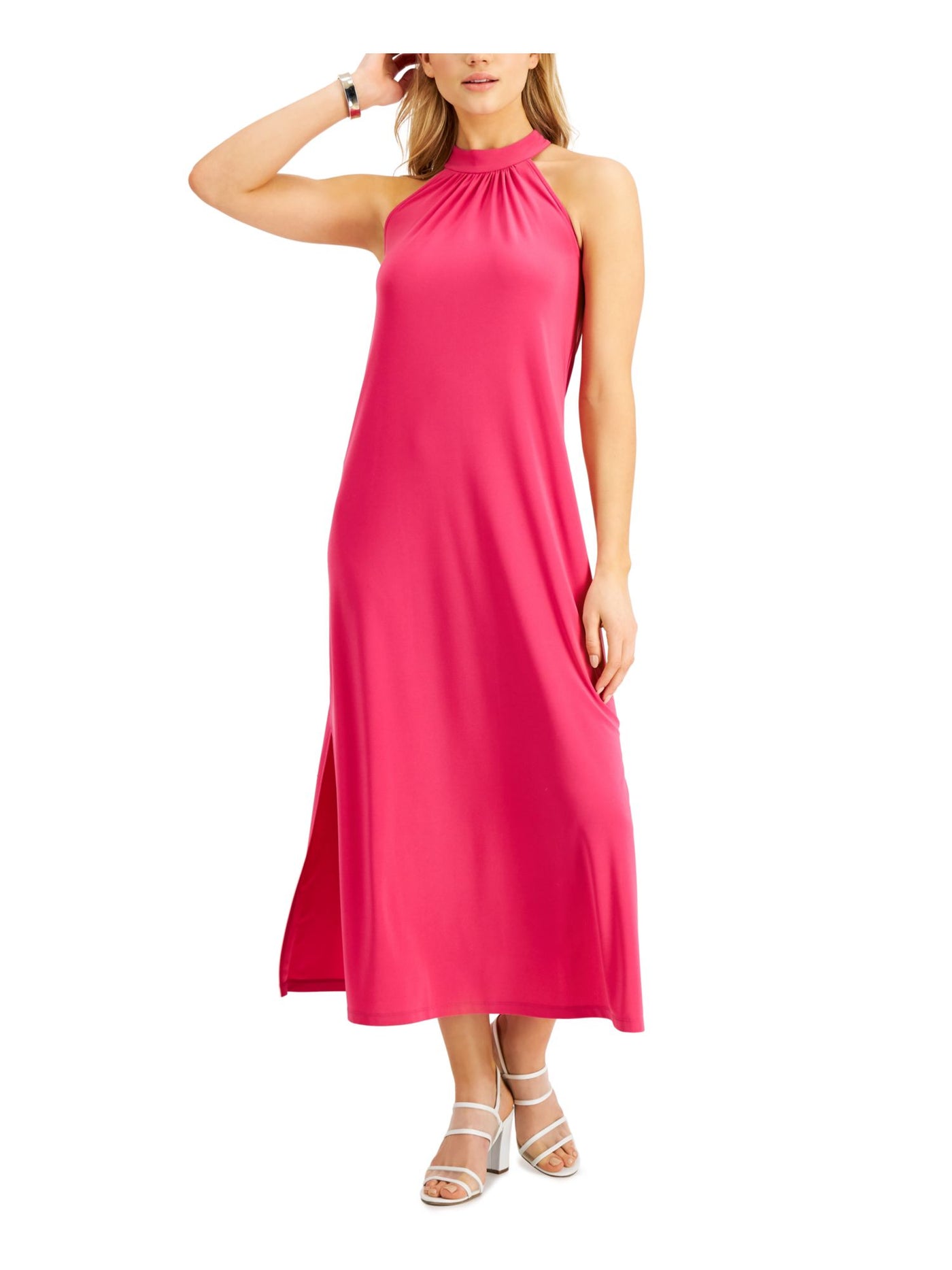 BAR III DRESSES Womens Stretch Ruched Slitted Keyhole, Button Closure Sleeveless Halter Maxi Evening Fit + Flare Dress