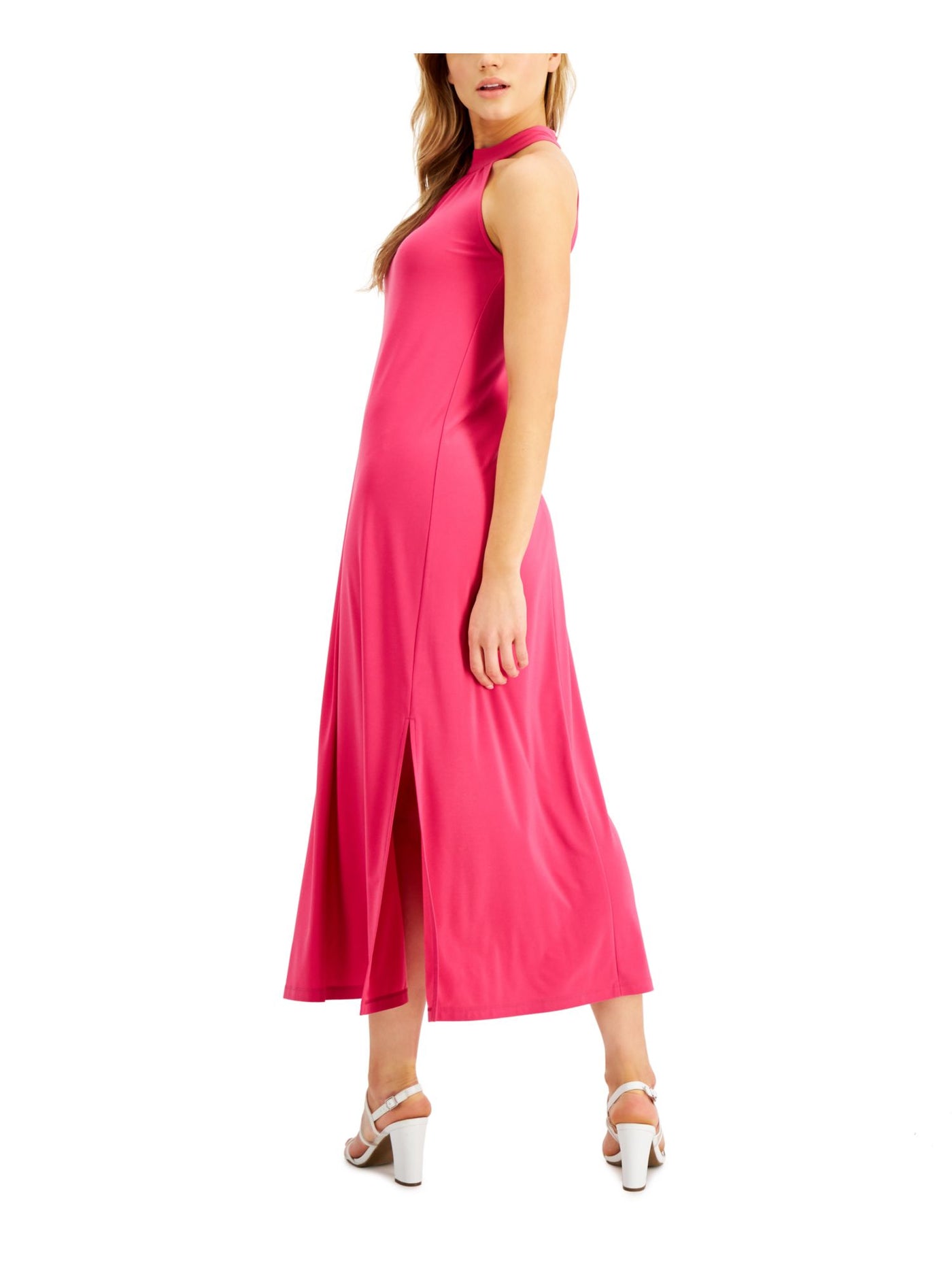 BAR III DRESSES Womens Pink Stretch Ruched Slitted Keyhole, Button Closure Sleeveless Halter Maxi Evening Fit + Flare Dress XS