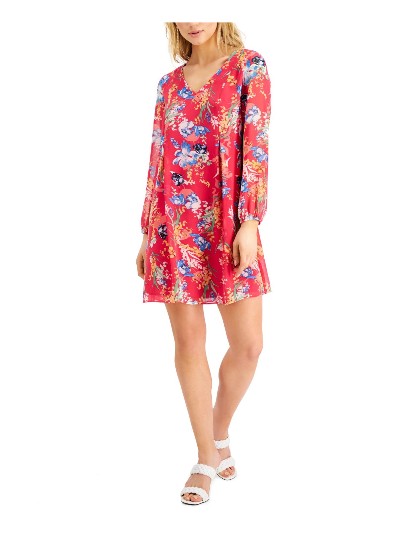 INC Womens Pink Zippered Floral Long Sleeve V Neck Mini Party Shift Dress XS