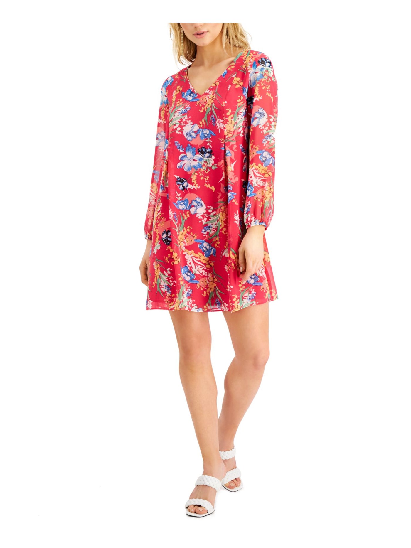 INC DRESS Womens Pink Zippered Floral Long Sleeve V Neck Mini Party Shift Dress L