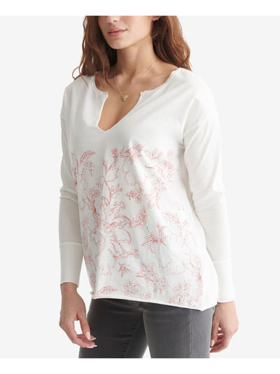LUCKY BRAND Womens White Frayed Raw Hem Floral Long Sleeve Split T-Shirt XS