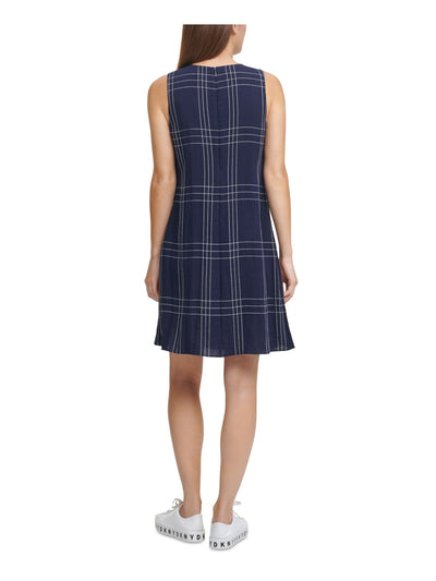 DKNY Womens Navy Zippered Pleated Plaid Sleeveless Crew Neck Above The Knee Trapeze Dress 10