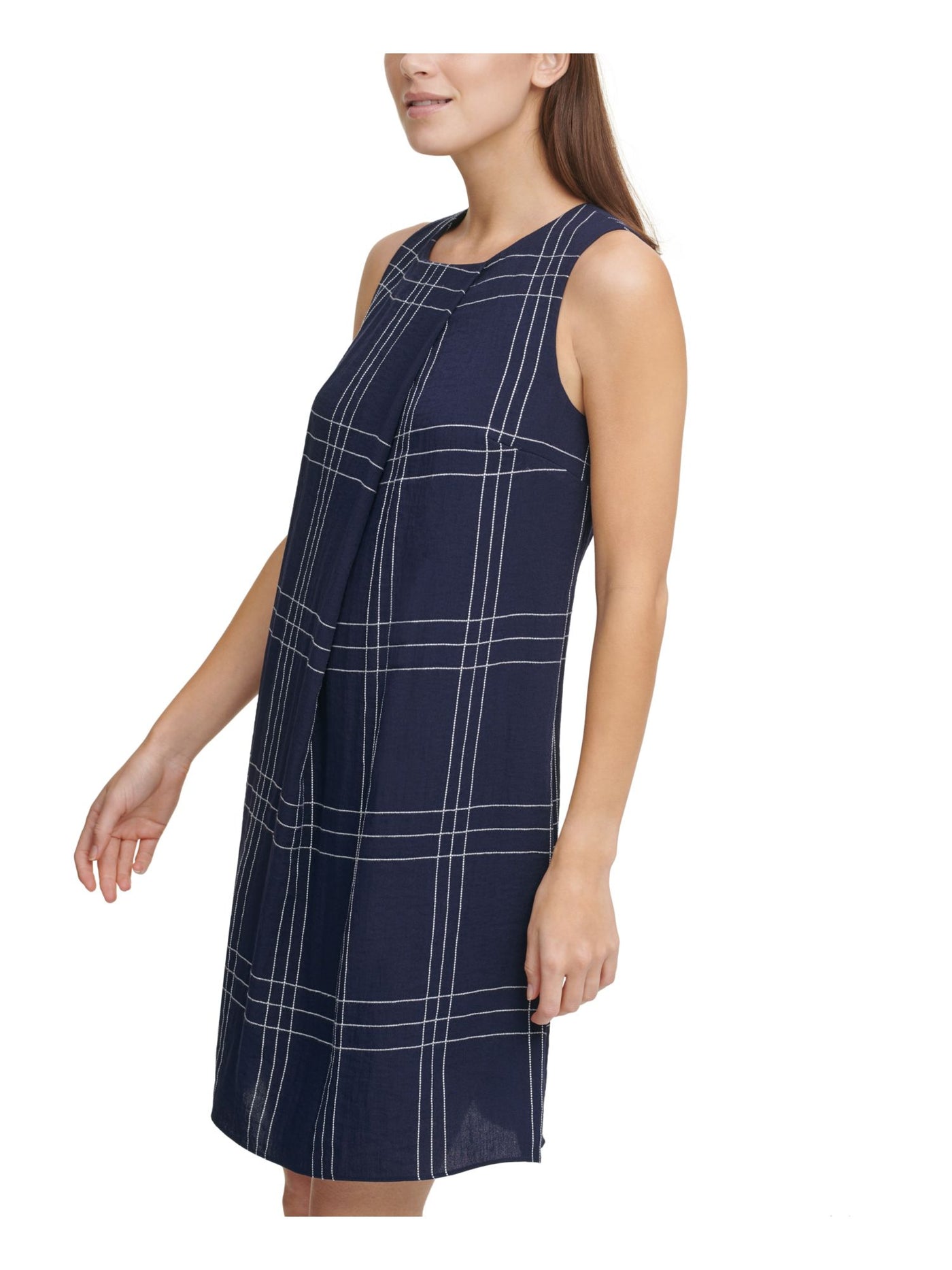 DKNY Womens Navy Zippered Pleated Plaid Sleeveless Crew Neck Above The Knee Trapeze Dress 10