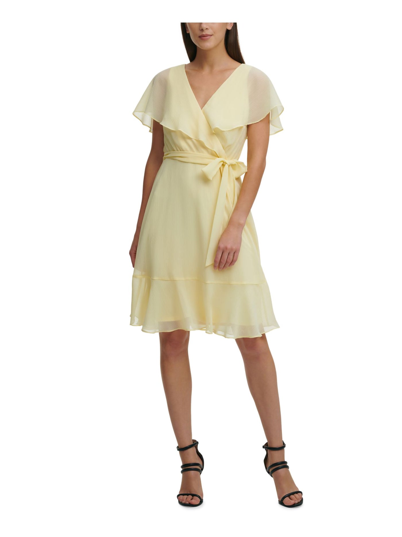 DKNY Womens Yellow Flutter Sleeve V Neck Knee Length Party Fit + Flare Dress 12