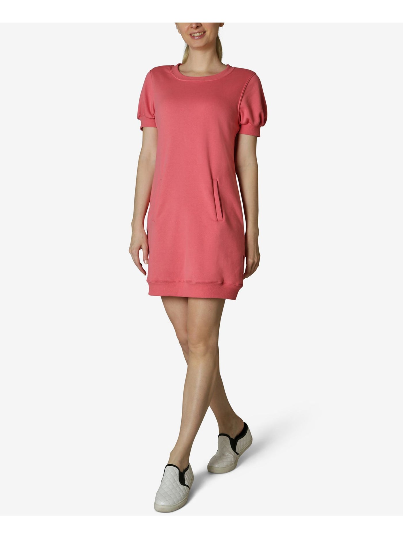 ULTRA FLIRT Womens Pink Pouf Sleeve Crew Neck Mini Shift Dress Juniors XL