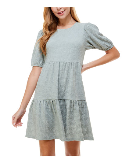 CRYSTAL DOLLS Womens Stretch Textured Tiered Skirt  Pullover Styling Pouf Sleeve Jewel Neck Short Fit + Flare Dress
