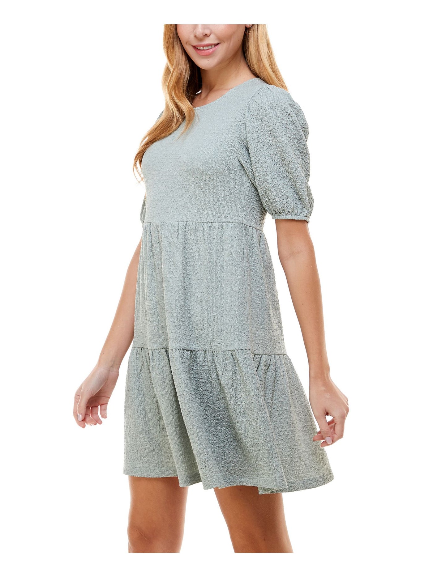 CRYSTAL DOLLS Womens Stretch Textured Tiered Skirt  Pullover Styling Pouf Sleeve Jewel Neck Short Fit + Flare Dress