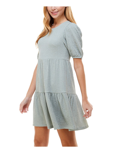 CRYSTAL DOLLS Womens Stretch Textured Tiered Skirt  Pullover Styling Pouf Sleeve Jewel Neck Short Fit + Flare Dress