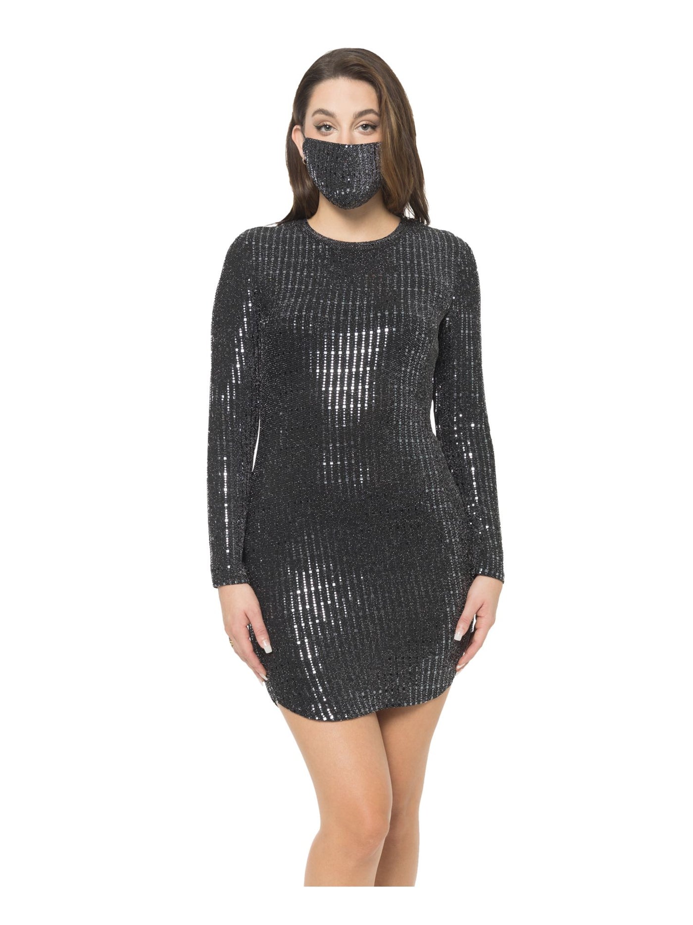 B DARLIN Womens Black Sequined With Mask Long Sleeve Crew Neck Micro Mini Party Body Con Dress XS