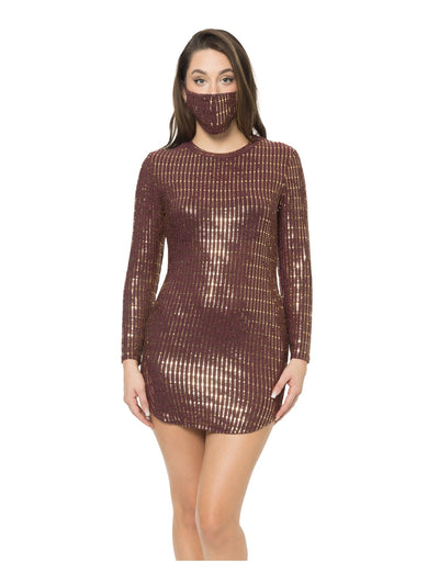 B DARLIN Womens Maroon Sequined With Mask Long Sleeve Crew Neck Micro Mini Party Body Con Dress XS