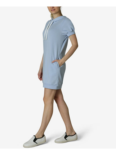 ULTRA FLIRT Womens Light Blue Jersey Pocketed Drawstring Ribbed Hoodie Tie Dye Short Sleeve Crew Neck Short Shift Dress S