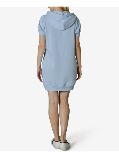 ULTRA FLIRT Womens Light Blue Jersey Pocketed Drawstring Ribbed Hoodie Tie Dye Short Sleeve Crew Neck Short Shift Dress M