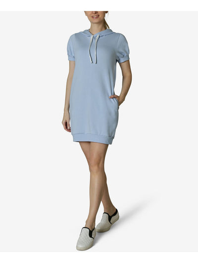 ULTRA FLIRT Womens Light Blue Jersey Pocketed Drawstring Ribbed Hoodie Tie Dye Short Sleeve Crew Neck Short Shift Dress M