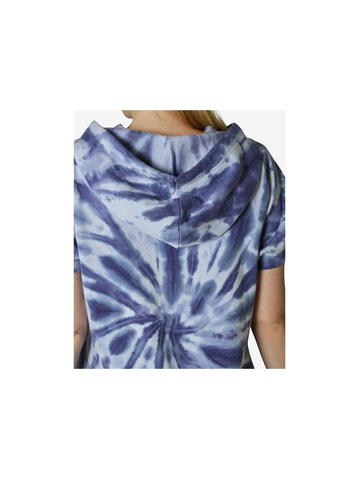 ULTRA FLIRT Womens Blue Jersey Pocketed Drawstring Ribbed Hoodie Tie Dye Short Sleeve Crew Neck Short Shift Dress S