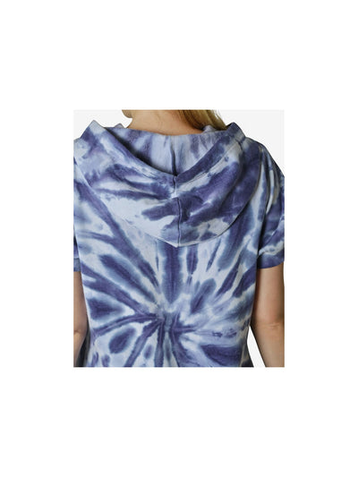 ULTRA FLIRT Womens Blue Jersey Pocketed Drawstring Ribbed Hoodie Tie Dye Short Sleeve Crew Neck Short Shift Dress S