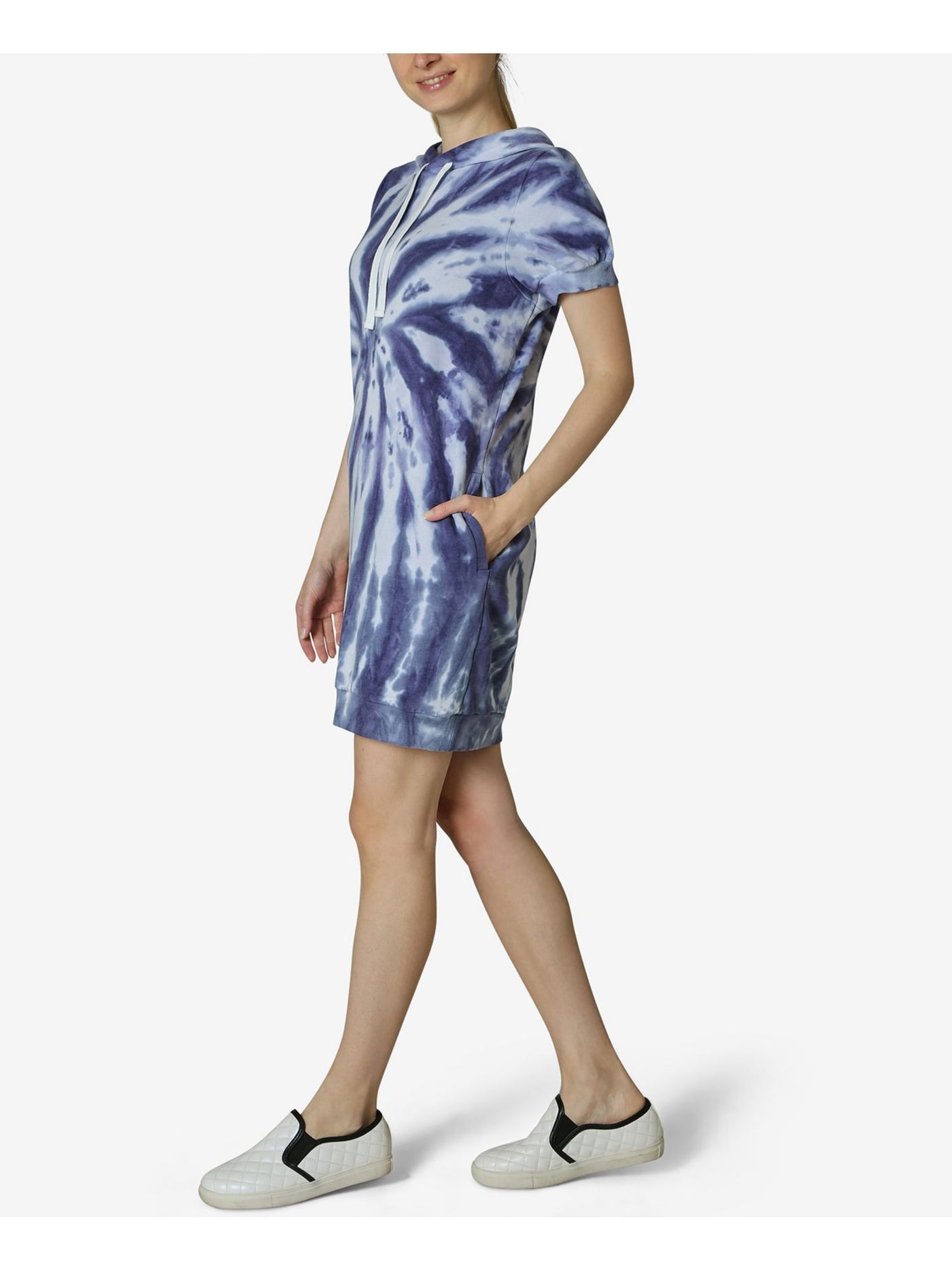 ULTRA FLIRT Womens Blue Jersey Pocketed Drawstring Ribbed Hoodie Tie Dye Short Sleeve Crew Neck Short Shift Dress XS
