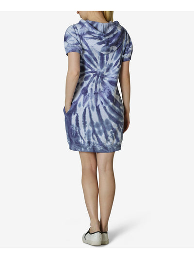 ULTRA FLIRT Womens Blue Jersey Pocketed Drawstring Ribbed Hoodie Tie Dye Short Sleeve Crew Neck Short Shift Dress S