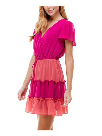 CITY STUDIO Womens Pink Short Sleeve V Neck Short Fit + Flare Dress XXS