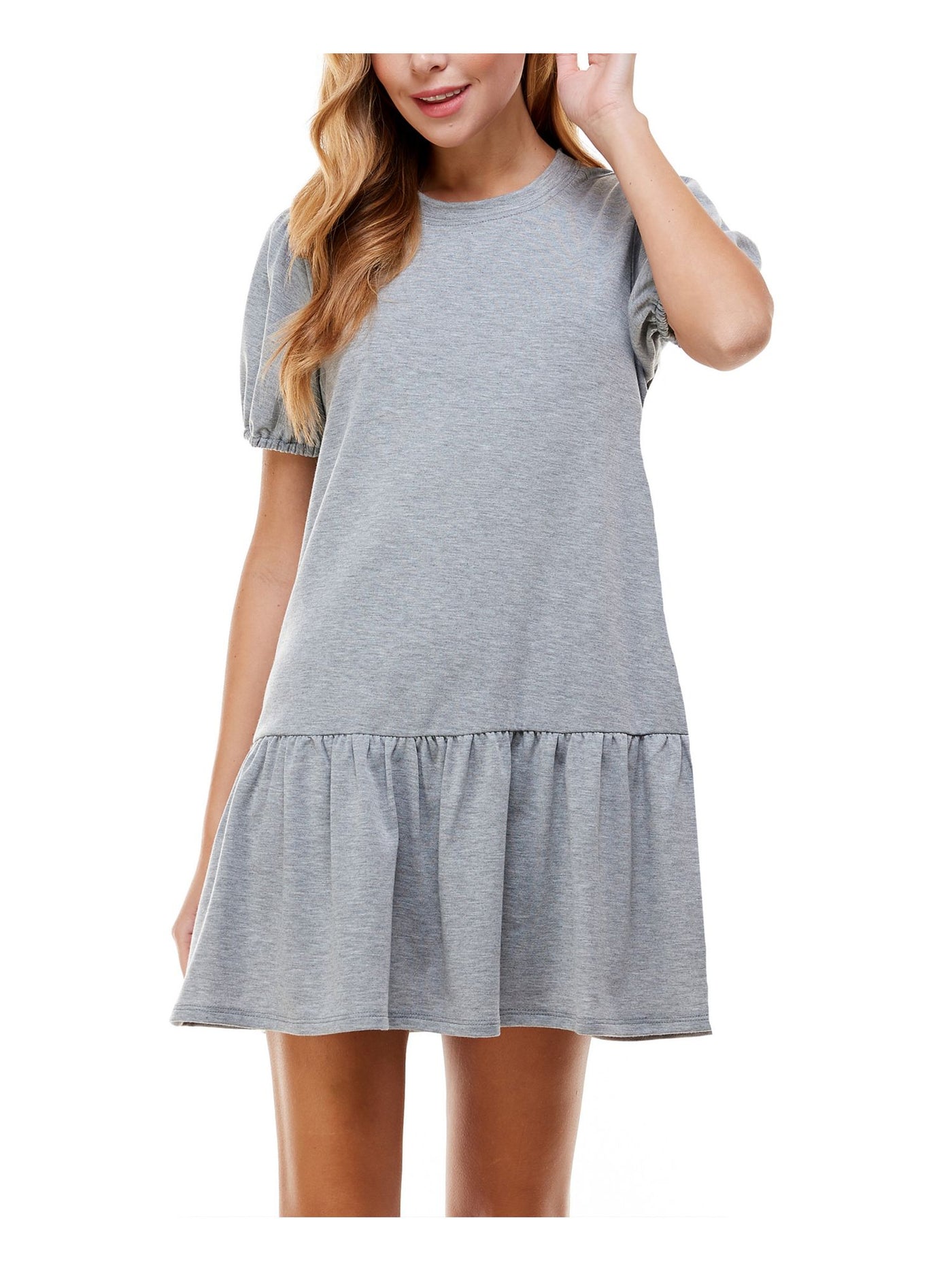 KINGSTON GREY Womens Gray Ruffled Short Sleeve Round Neck Short Drop Waist Dress XS