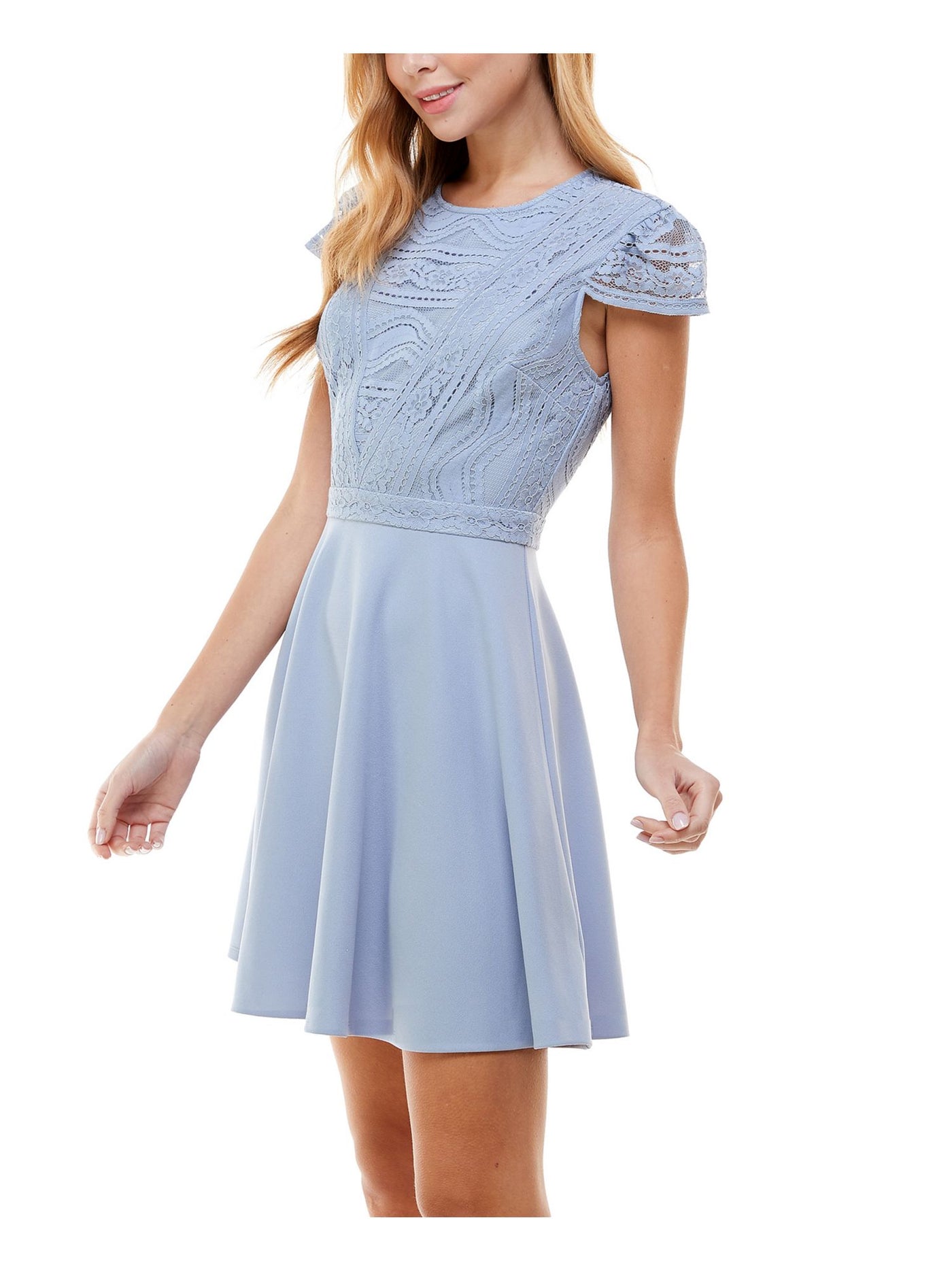 CITY STUDIO Womens Cotton Blend Lace Zippered Cap Sleeve Crew Neck Short Fit + Flare Dress