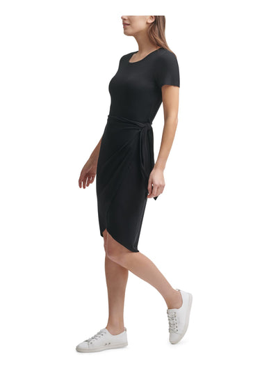 CALVIN KLEIN Womens Black Stretch Gathered Short Sleeve Round Neck Knee Length Party Sheath Dress 6