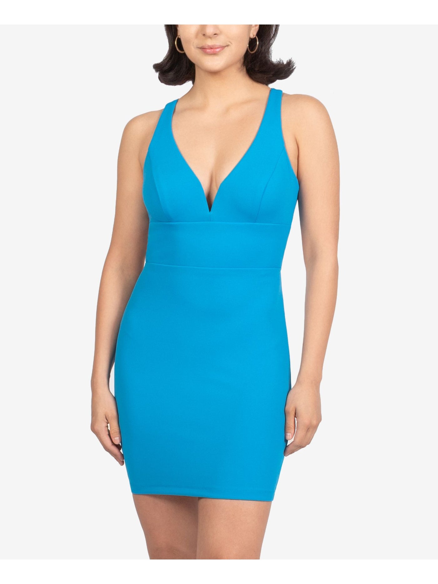 B DARLIN Womens Blue Zippered Crisscross Back Sleeveless Sweetheart Neckline Mini Evening Sheath Dress 1\2