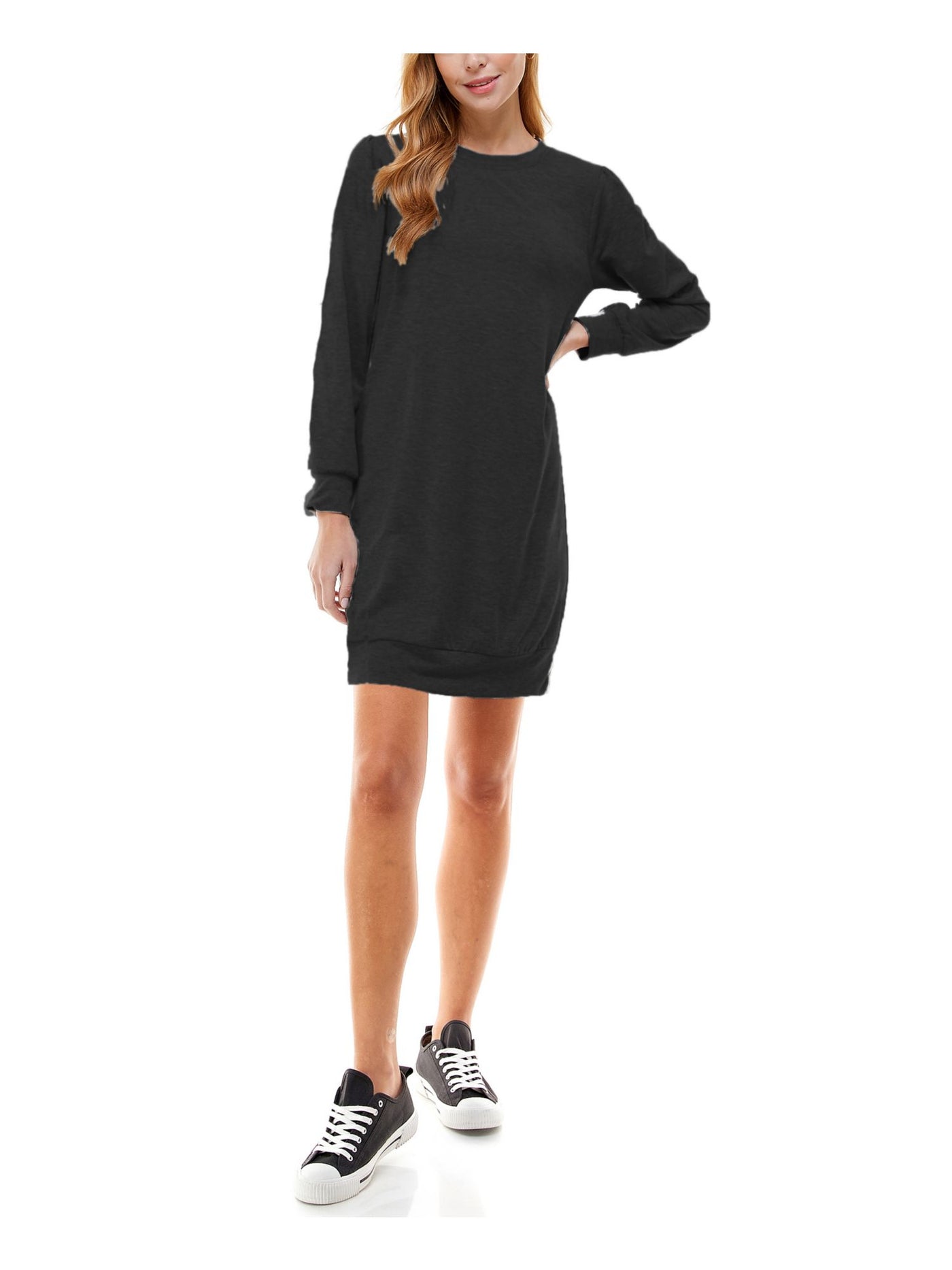 KINGSTON GREY Womens Black Puff Long Sleeve Crew Neck Mini Shift Dress Juniors XXS