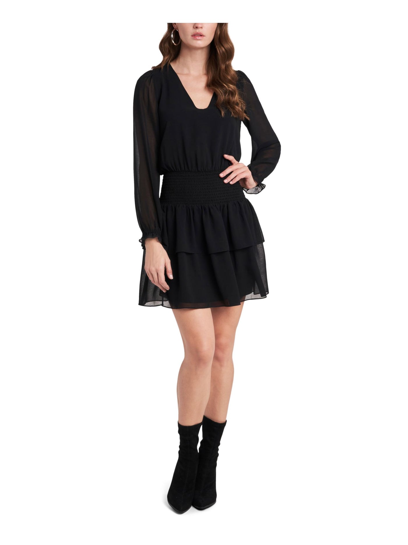 1. STATE Womens Black Ruffled Smocked Tie Sheer Sleeve Long Sleeve V Neck Short Fit + Flare Dress XS