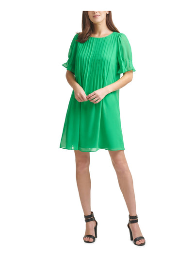 DKNY Womens Green Pleated Sheer Lined  Back Button Closure Short Sleeve Jewel Neck Short Evening Shift Dress 4