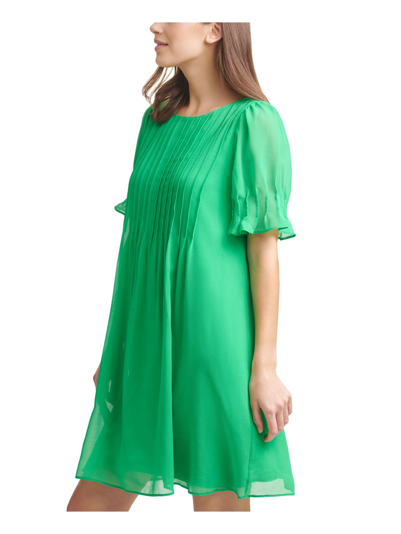 DKNY Womens Green Pleated Sheer Lined  Back Button Closure Short Sleeve Jewel Neck Short Evening Shift Dress 4