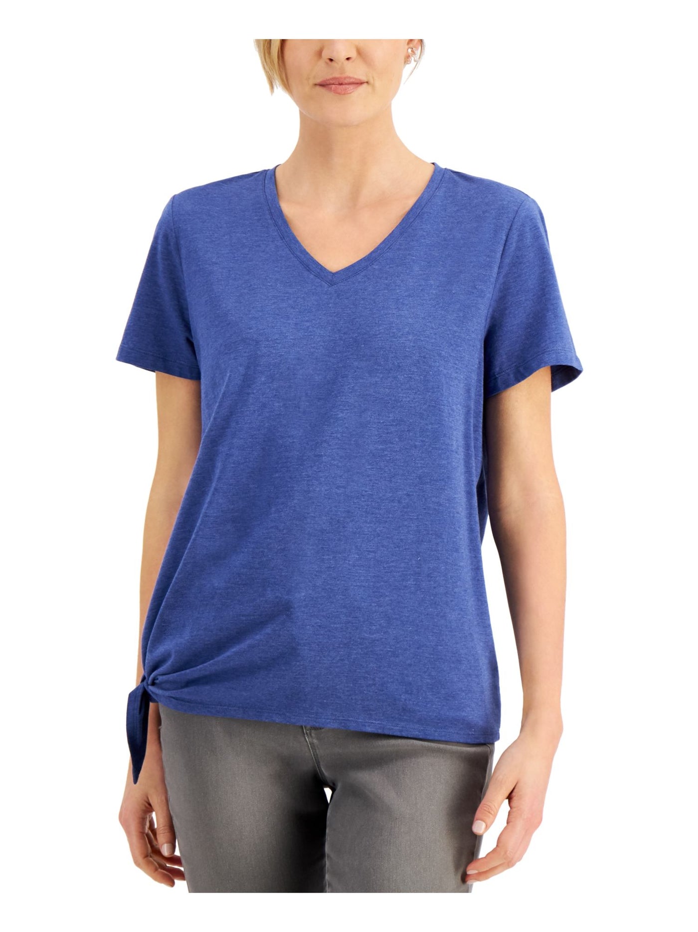 KAREN SCOTT Womens Blue Heather Short Sleeve V Neck T-Shirt Petites PS