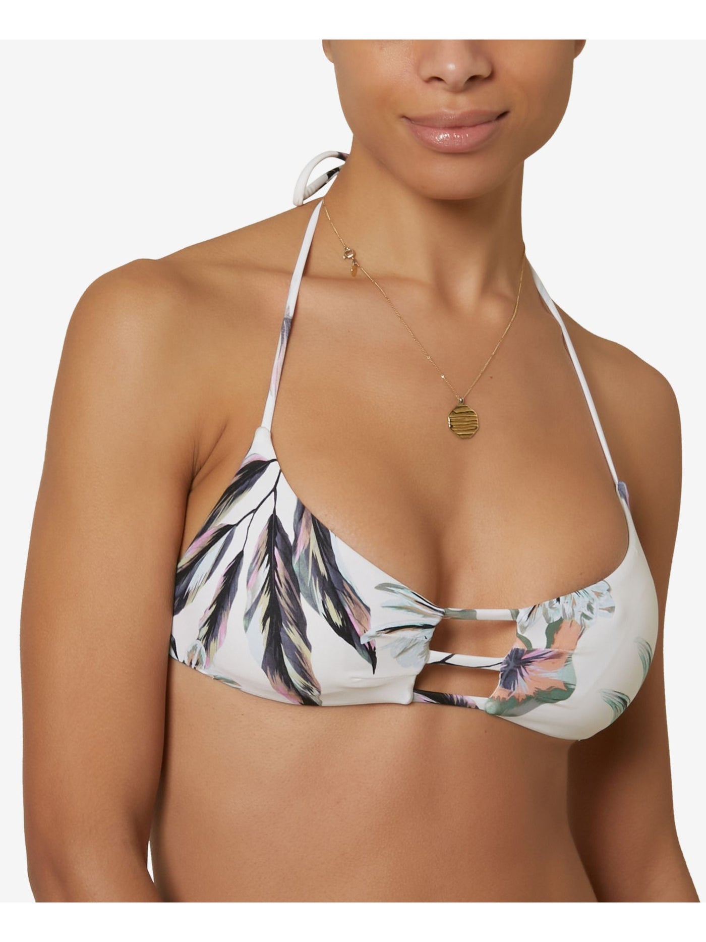 ONEILL Women's Ivory Tropical Print Stretch Halter Removable Cups Strappy Tie Coronado Aloha Scoop Neck Swimsuit Top S