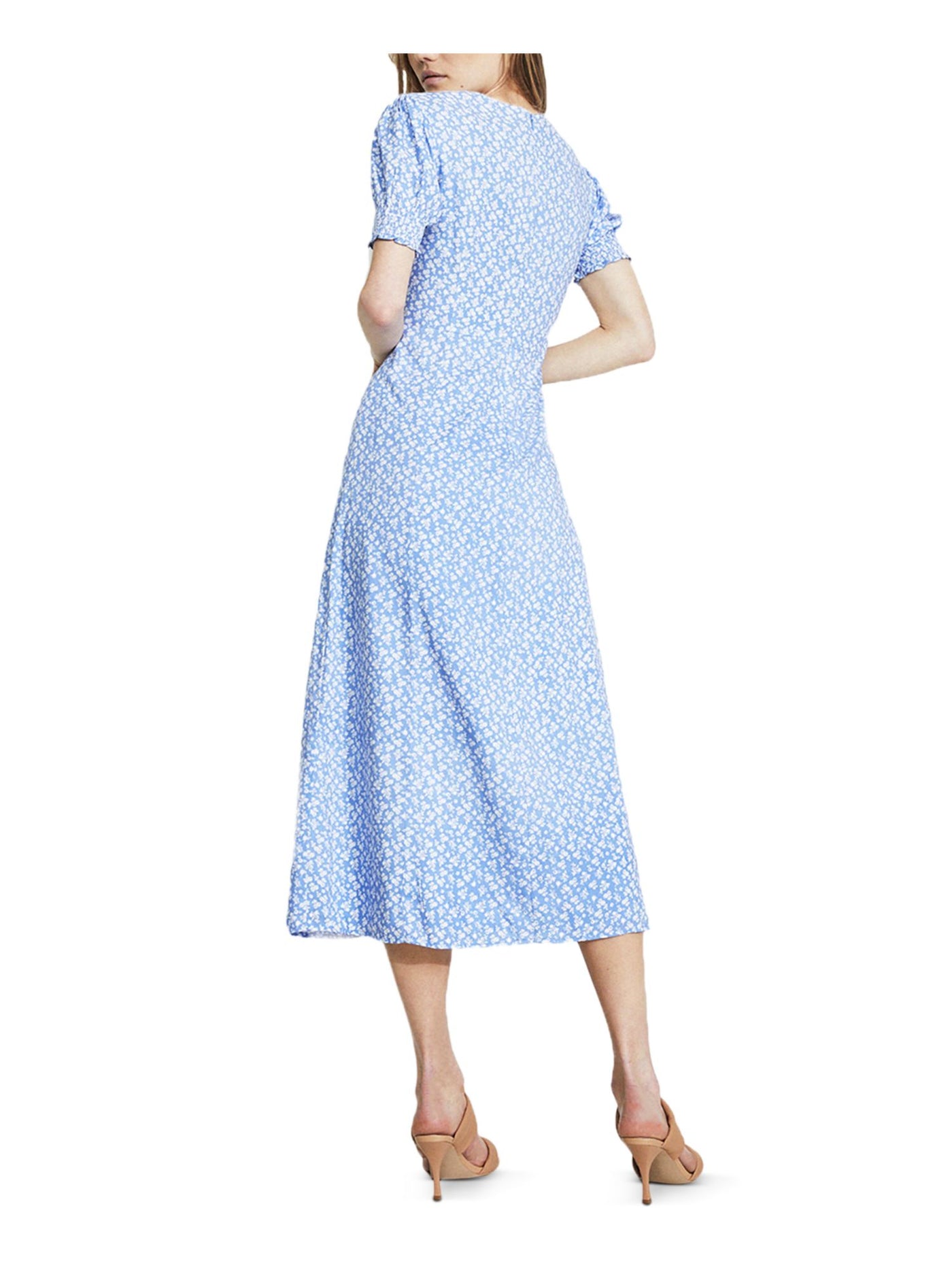 BARDOT Womens Light Blue Slitted Smocked Cuffs Floral Pouf Sleeve Sweetheart Neckline Midi Sheath Dress 10\L