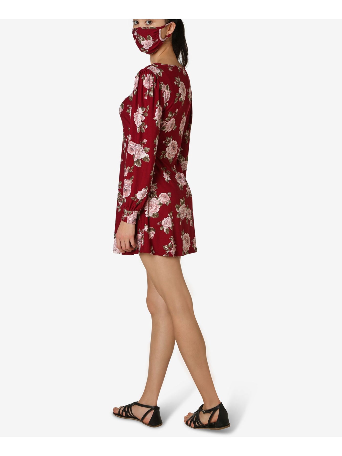 ULTRA FLIRT Womens Maroon Floral Long Sleeve Scoop Neck Short Sheath Dress L