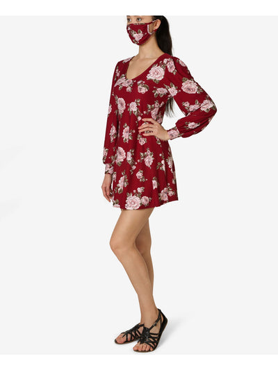 ULTRA FLIRT Womens Maroon Floral Long Sleeve Scoop Neck Short Sheath Dress L