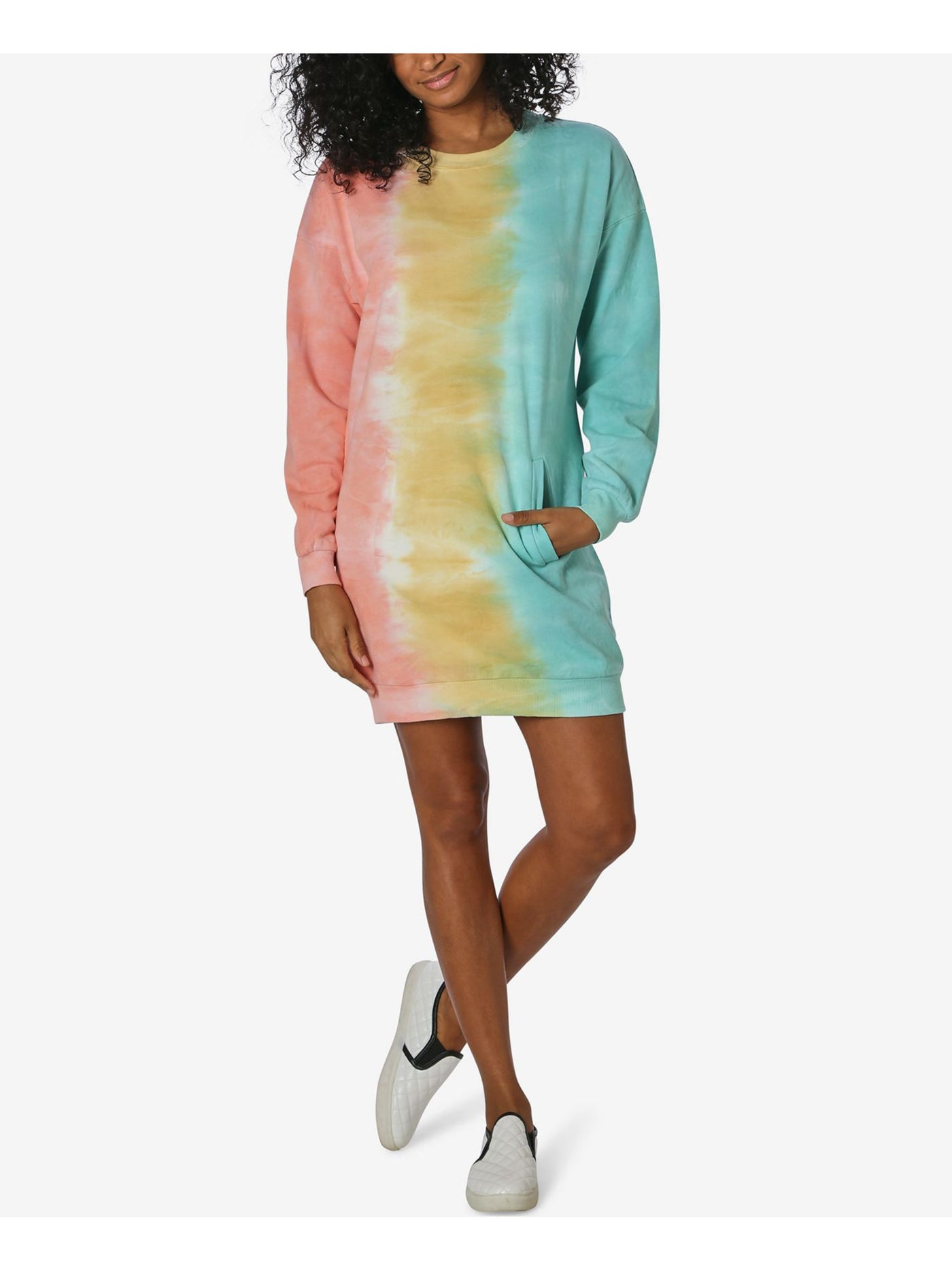 ULTRA FLIRT Womens Turquoise Tie Dye Long Sleeve Crew Neck Short Shift Dress S