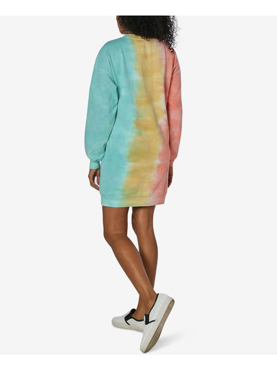 ULTRA FLIRT Womens Turquoise Tie Dye Long Sleeve Crew Neck Short Shift Dress S