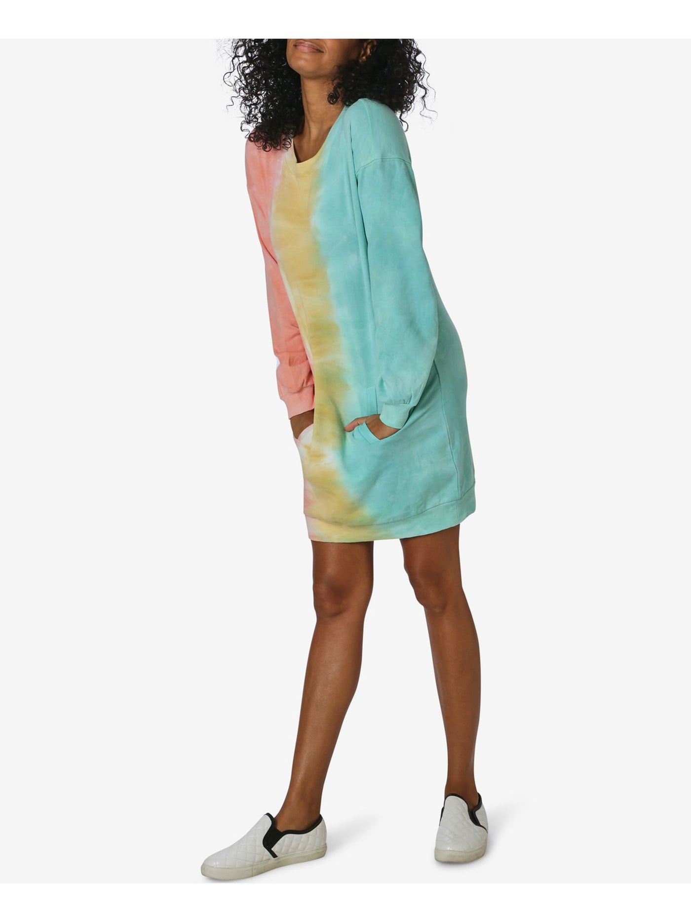 ULTRA FLIRT Womens Blue Tie Dye Long Sleeve Crew Neck Short Shift Dress M