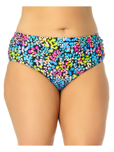 CALIFORNIA WAVES PLUS Women's Black Floral Stretch Lined Mid-Rise Bikini Full Coverage Shirred Gather Swimsuit Bottom 1X