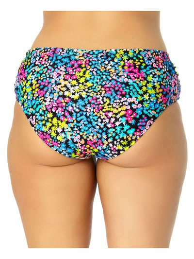 CALIFORNIA WAVES PLUS Women's Black Floral Stretch Lined Mid-Rise Bikini Full Coverage Shirred Gather Swimsuit Bottom 1X