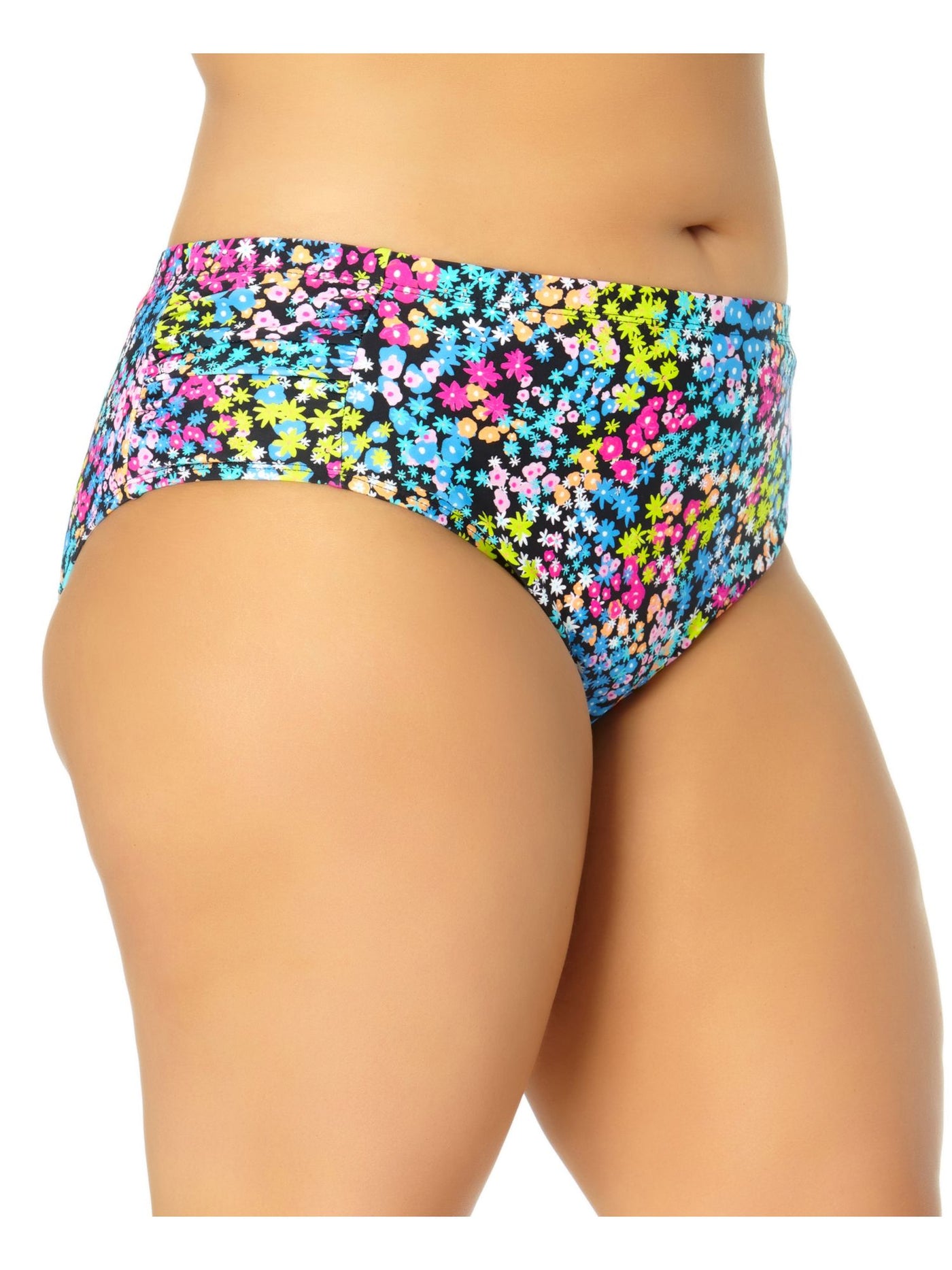 CALIFORNIA WAVES PLUS Women's Black Floral Stretch Lined Mid-Rise Bikini Full Coverage Shirred Gather Swimsuit Bottom 1X