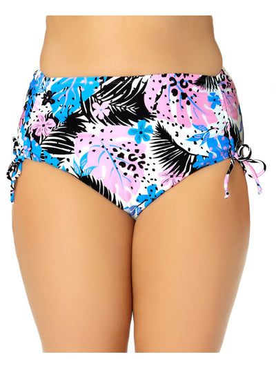 CALIFORNIA WAVES PLUS Women's White Tropical Print Stretch Cinched Lined Moderate Coverage Tie High Waisted Swimsuit Bottom 3X