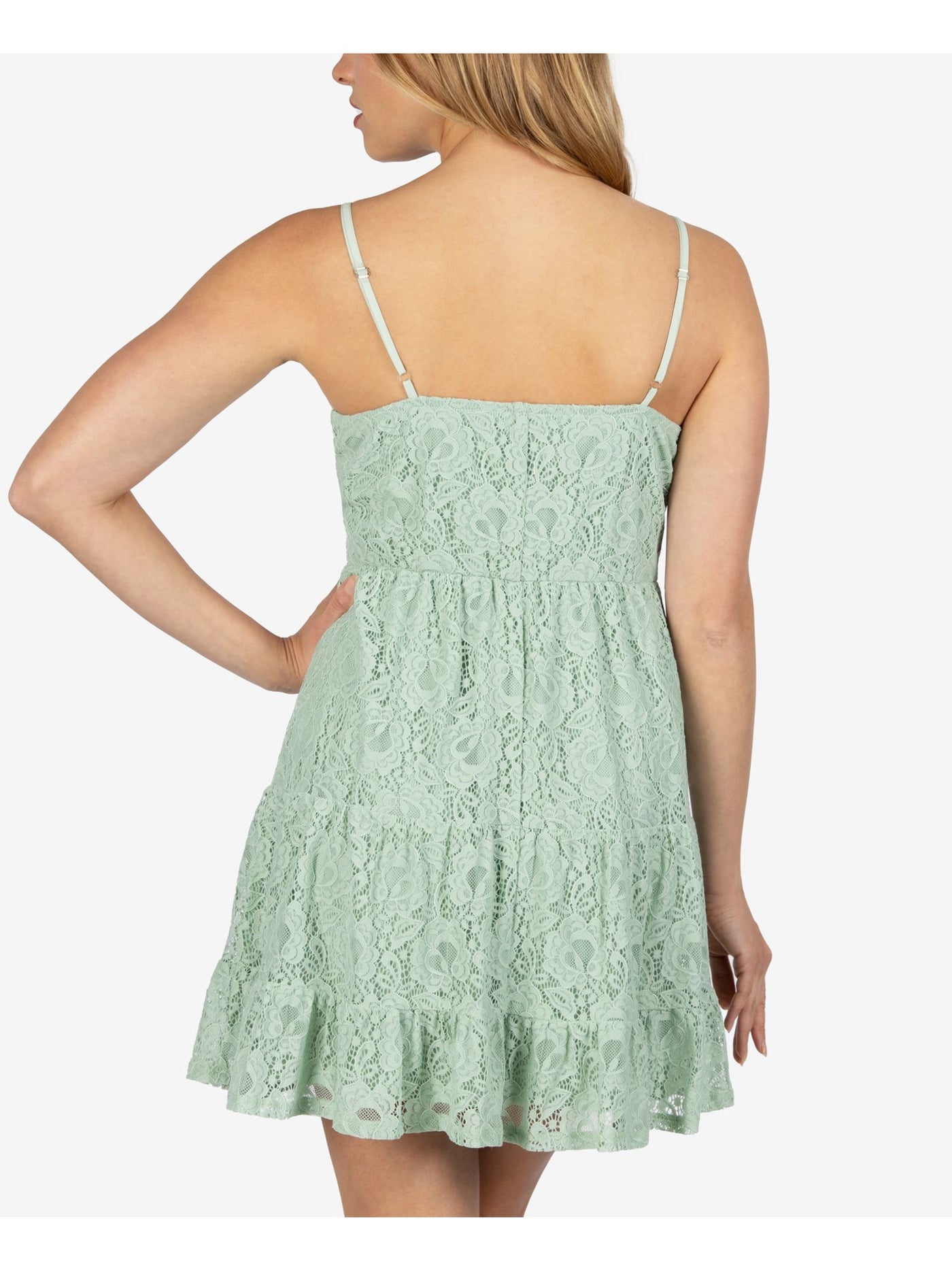 SPEECHLESS Womens Green Lace Ruffled Spaghetti Strap Jewel Neck Short Dress XL