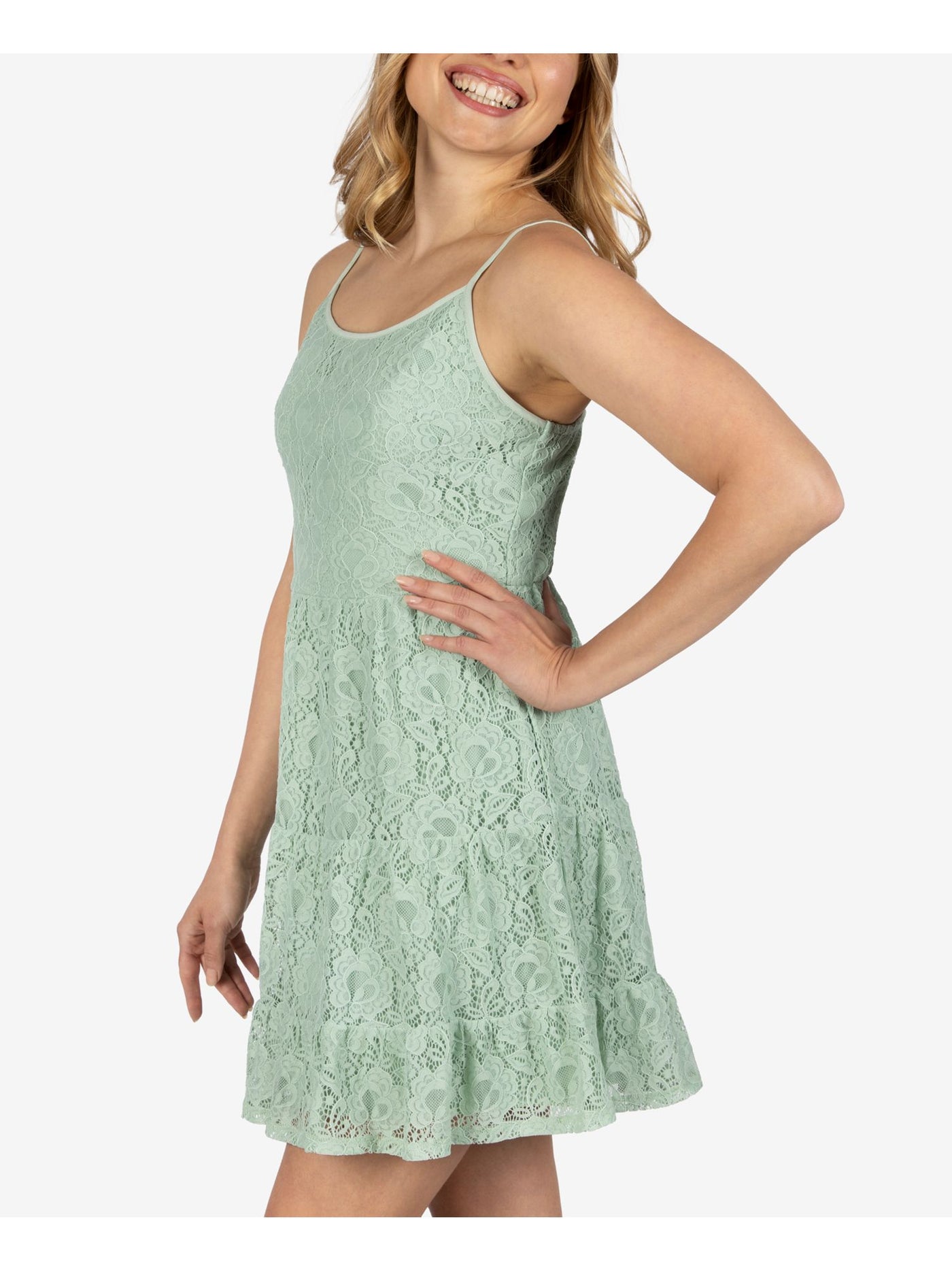 SPEECHLESS Womens Green Lace Ruffled Spaghetti Strap Jewel Neck Short Dress XL