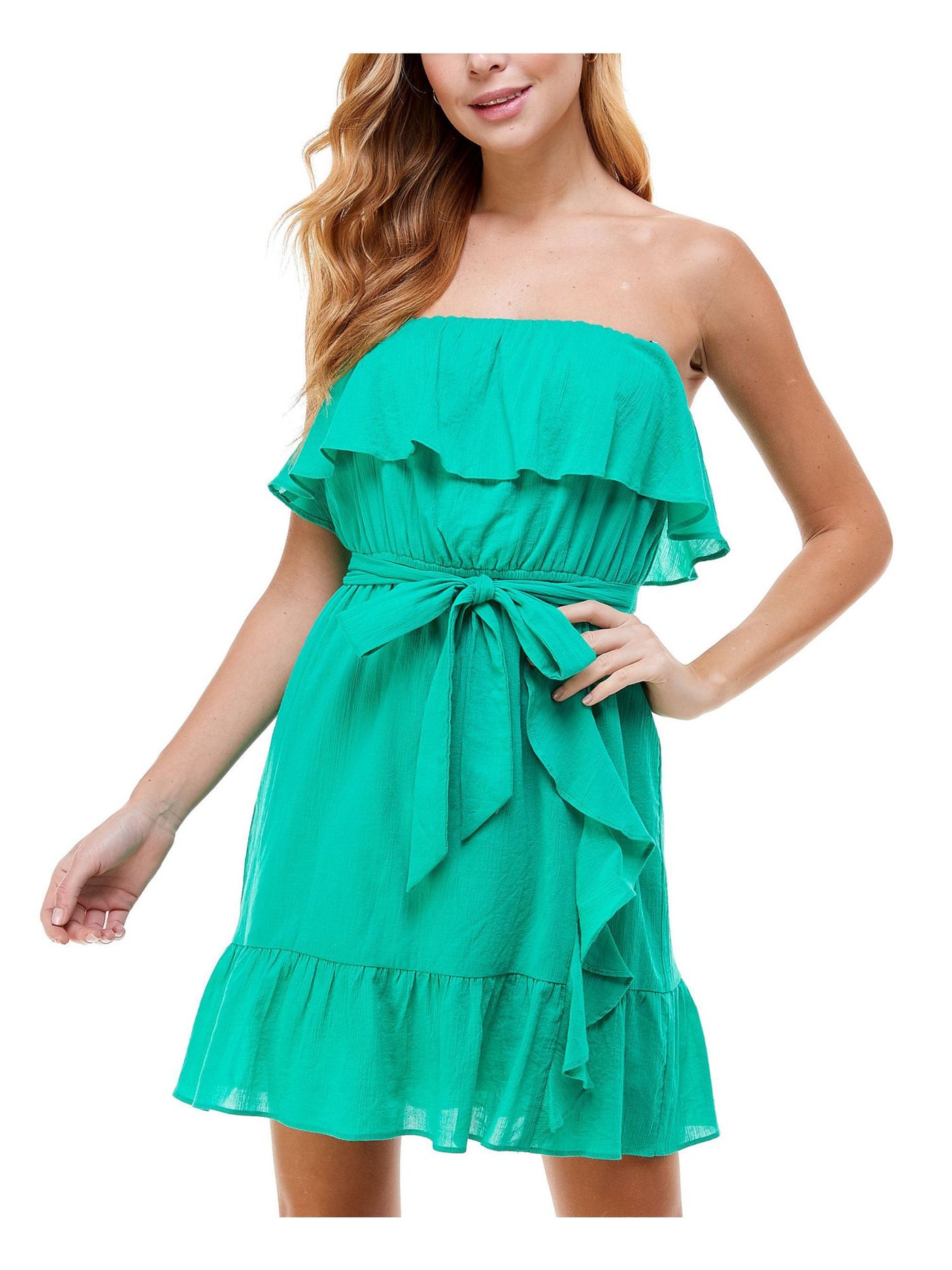 CITY STUDIO Womens Green Belted Strapless Short Fit + Flare Dress 0