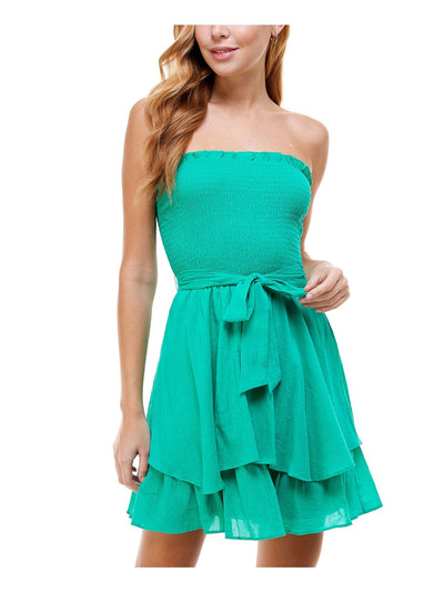 CITY STUDIO Womens Green Ruffled Tie Smocked Strapless Short Party Fit + Flare Dress S