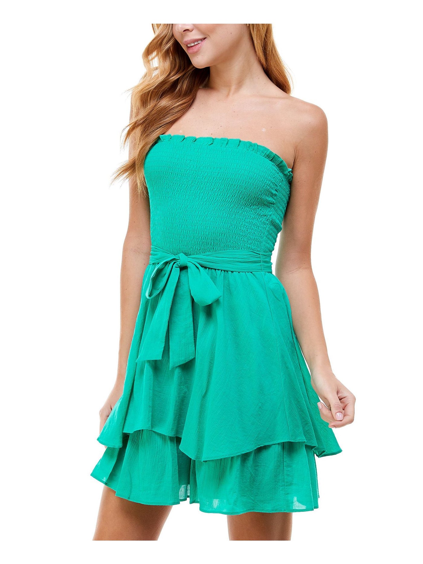 CITY STUDIO Womens Green Ruffled Tie Smocked Strapless Short Party Fit + Flare Dress S