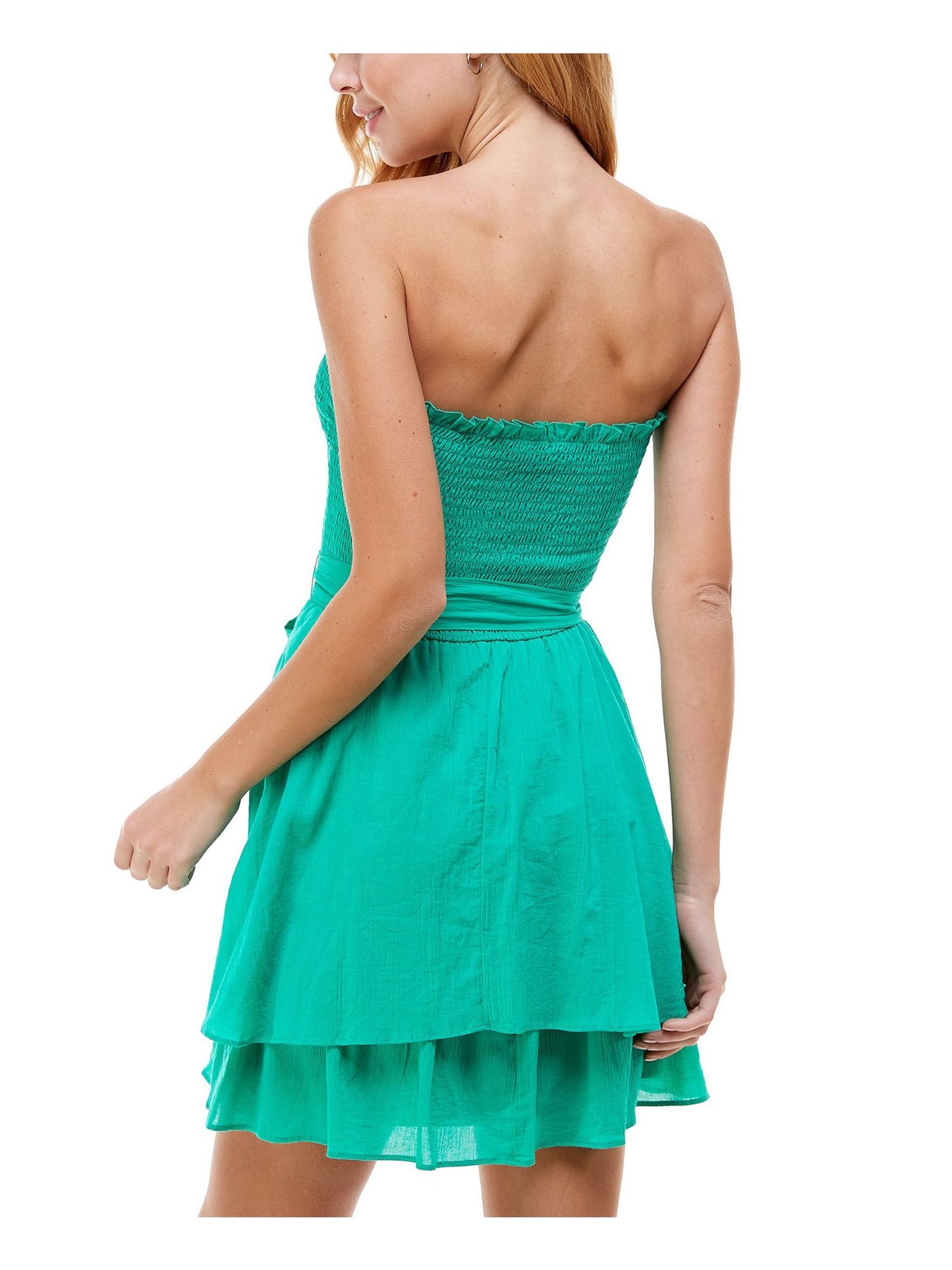 CITY STUDIO Womens Green Ruffled Tie Smocked Strapless Short Party Fit + Flare Dress M