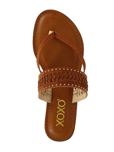 XOXO Womens Brown Weaved Design Thermoplastic Heel Studded Robby Almond Toe Slip On Thong Sandals 5.5 M